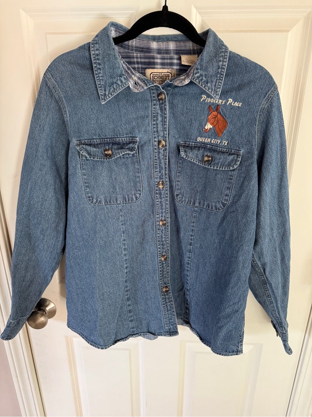 Vintage C.E. Schmidt Denim Work Shirt Lined Collar Horse Embroidered Texas M